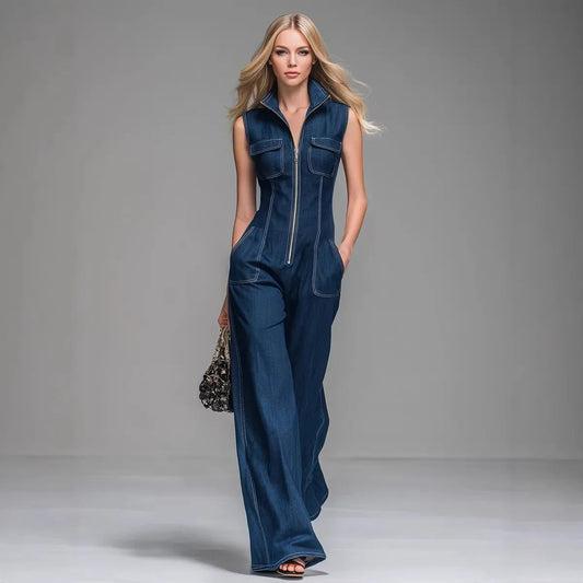 Women’s Sleeveless Denim Jumpsuit – Zip-Front Wide-Leg One-Piece for Everyday Wear
