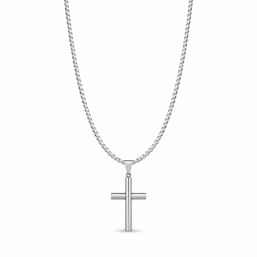 Small silver cylindrical cross necklace on white
