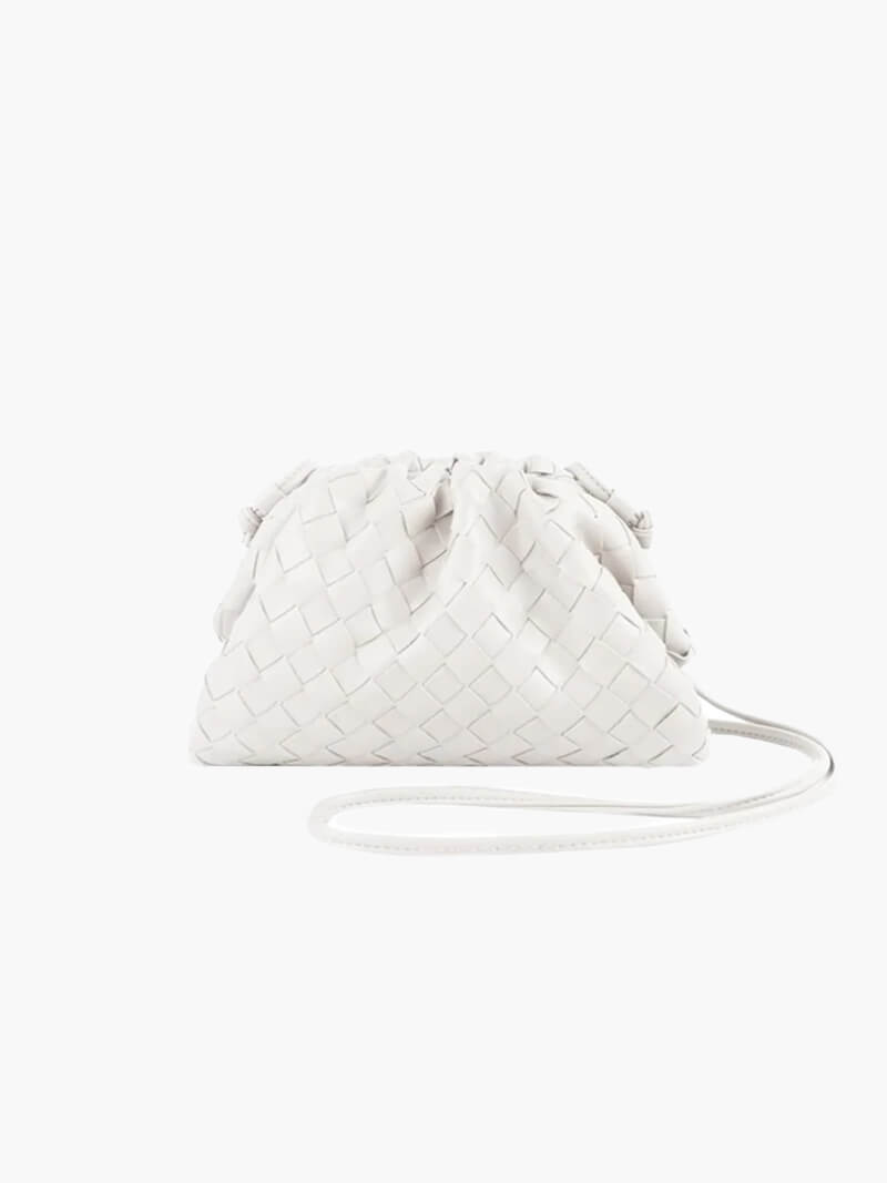 Women’s Woven Vegan Leather Pouch Bag – Drawstring Shoulder Bag with Slim Strap for Day and Evening Wear