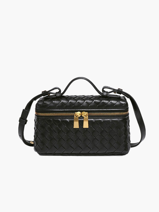 Women’s Woven Box Handbag – Compact Top-Handle Crossbody Bag with Gold Zip for Day and Evening Wear