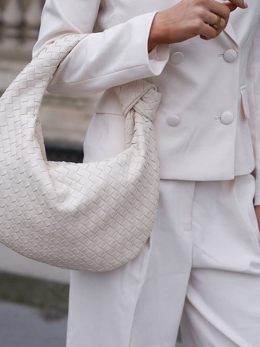 Women’s Woven Shoulder Bag – Knotted Handle Compact Hobo Handbag for Day and Evening Wear