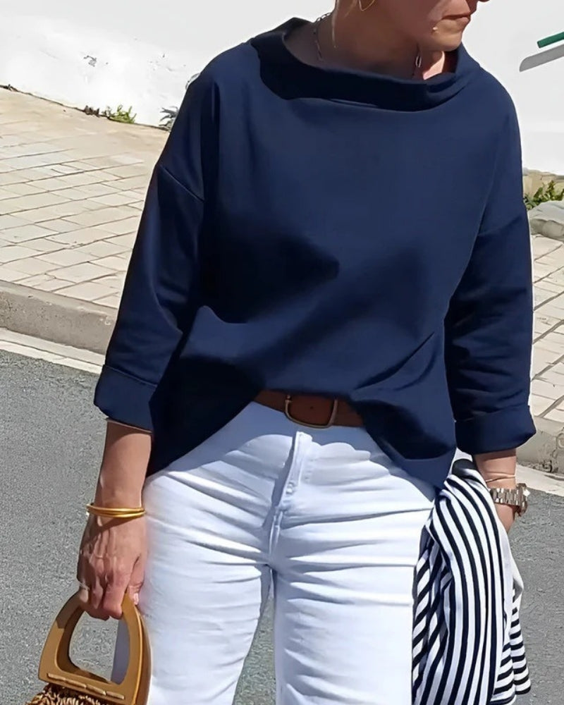 Women’s Boat-Neck Blouse – Relaxed Three-Quarter Sleeve Top for Everyday and Office Wear