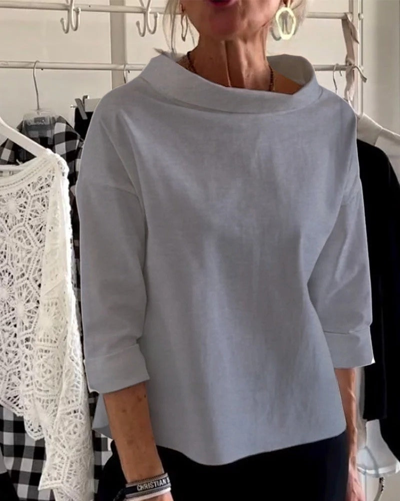 Women’s Boat-Neck Blouse – Relaxed Three-Quarter Sleeve Top for Everyday and Office Wear