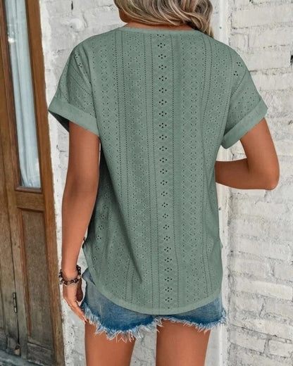 Women’s Eyelet Summer Blouse – Relaxed Short-Sleeve Top for Everyday Wear