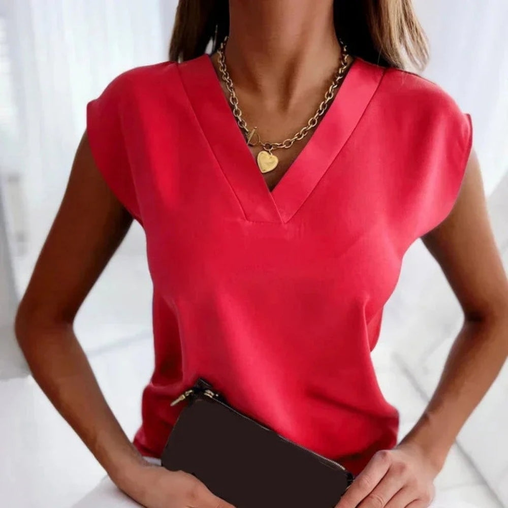 Women’s Draped V-Neck Blouse – Relaxed Cap-Sleeve Top for Smart Casual Wear