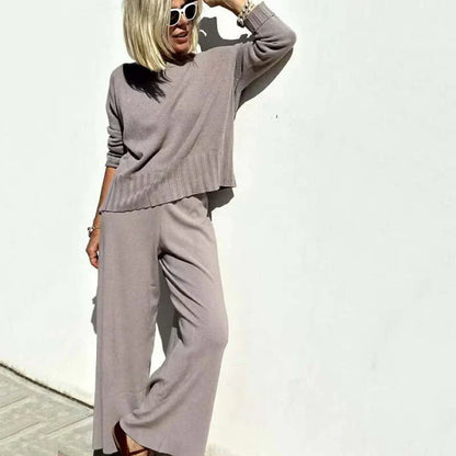Women’s Relaxed Wide-Leg Co-Ord Set – Cropped Long-Sleeve Top with Elastic Waist for Casual Everyday Wear