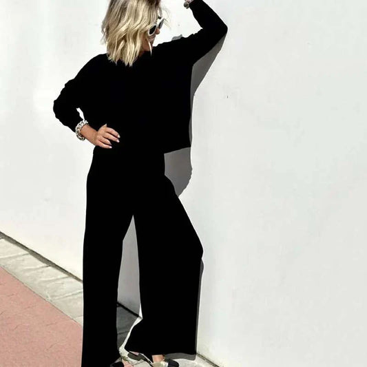Women’s Relaxed Wide-Leg Co-Ord Set – Cropped Long-Sleeve Top with Elastic Waist for Casual Everyday Wear
