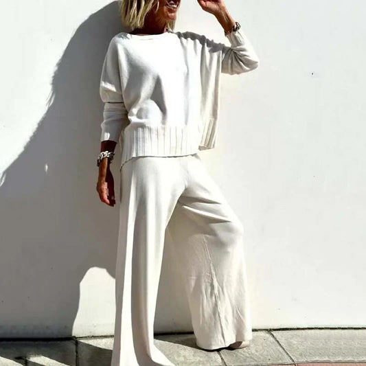Women’s Relaxed Wide-Leg Co-Ord Set – Cropped Long-Sleeve Top with Elastic Waist for Casual Everyday Wear
