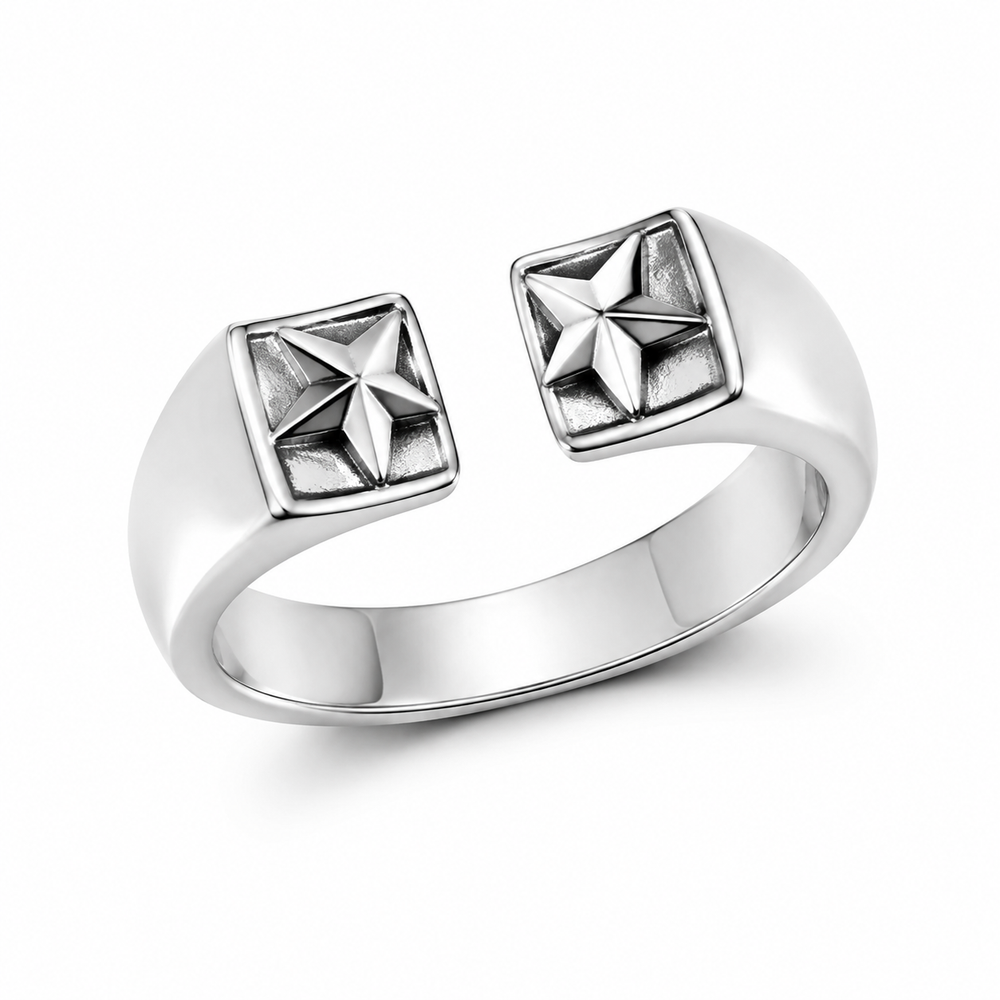 Men's silver tone adjustable geometric star open ring