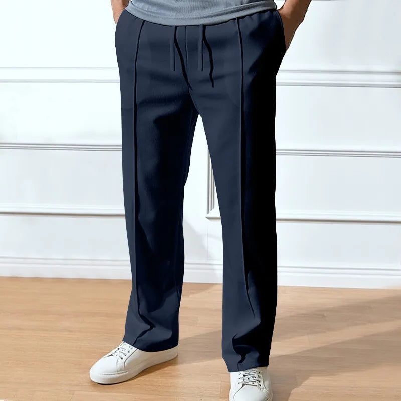 Men’s Straight-Leg Trousers – Drawstring Waist Tailored Pants with Side Pockets for Smart Casual Everyday Wear