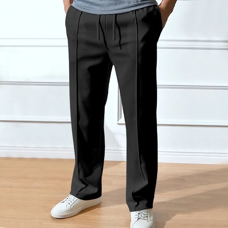 Men’s Straight-Leg Trousers – Drawstring Waist Tailored Pants with Side Pockets for Smart Casual Everyday Wear
