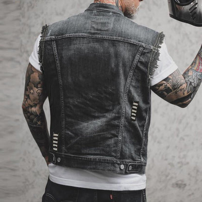 Men’s Distressed Denim Biker Vest – Sleeveless Trucker Layer with Raw-Edge Shoulders and Chest Pockets