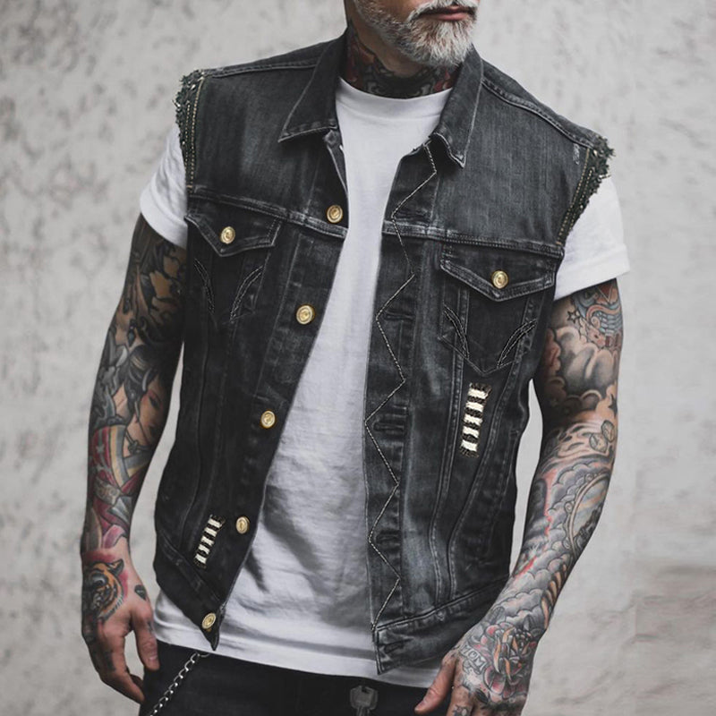 Men’s Distressed Denim Biker Vest – Sleeveless Trucker Layer with Raw-Edge Shoulders and Chest Pockets