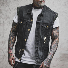 Men’s Distressed Denim Biker Vest – Sleeveless Trucker Layer with Raw-Edge Shoulders and Chest Pockets