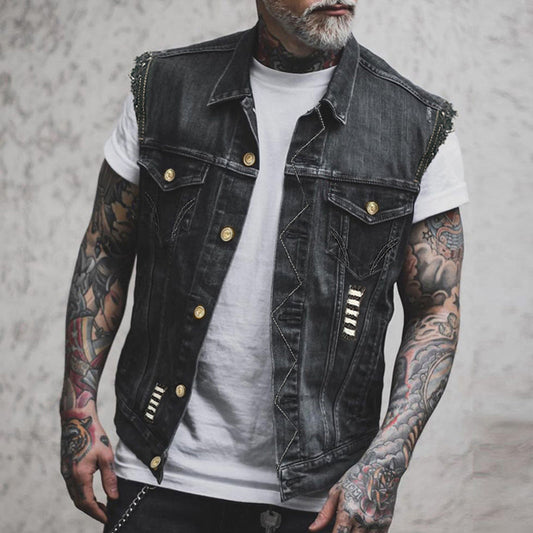 Men’s Distressed Denim Biker Vest – Sleeveless Trucker Layer with Raw-Edge Shoulders and Chest Pockets