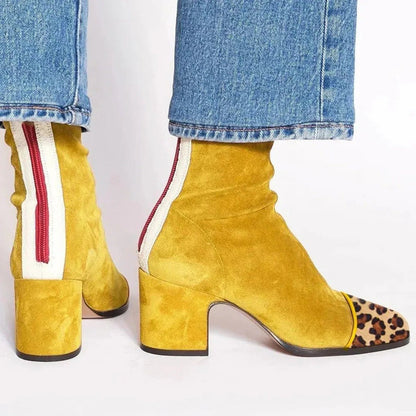 Women’s Suede Block-Heel Ankle Boots – Leopard-Toe Boots with Contrast Zip for Statement Seasonal Wear