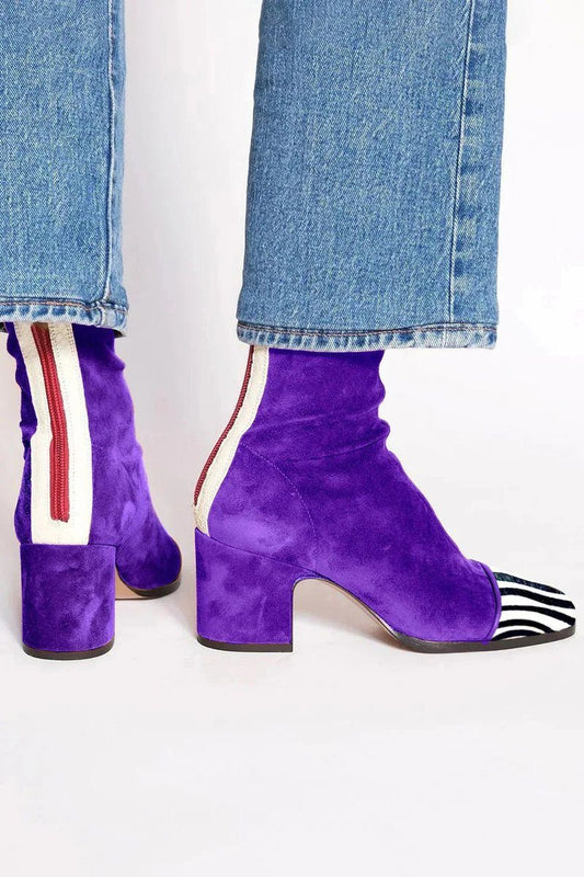 Women’s Suede Block-Heel Ankle Boots – Leopard-Toe Boots with Contrast Zip for Statement Seasonal Wear