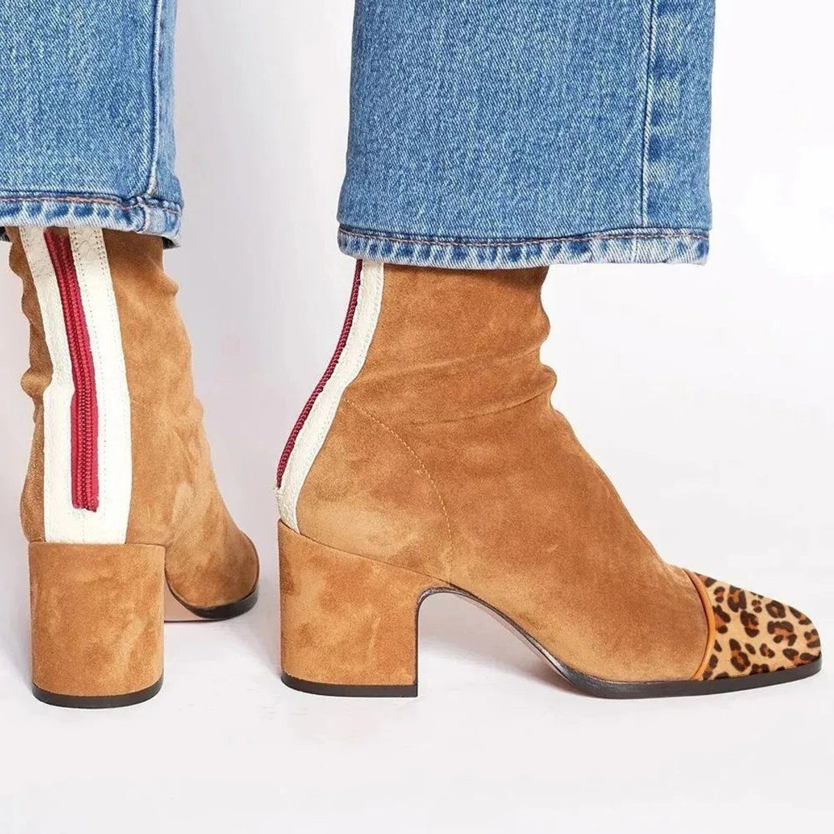 Women’s Suede Block-Heel Ankle Boots – Leopard-Toe Boots with Contrast Zip for Statement Seasonal Wear