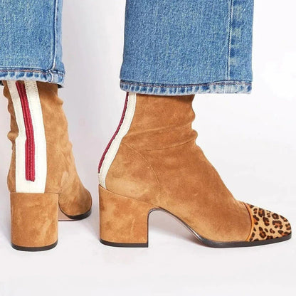 Women’s Suede Block-Heel Ankle Boots – Leopard-Toe Boots with Contrast Zip for Statement Seasonal Wear