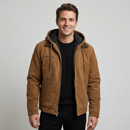 Men’s Suede Hooded Bomber Jacket – Fleece-Lined Zip-Up Jacket with Utility Pockets for Autumn and Winter Wear
