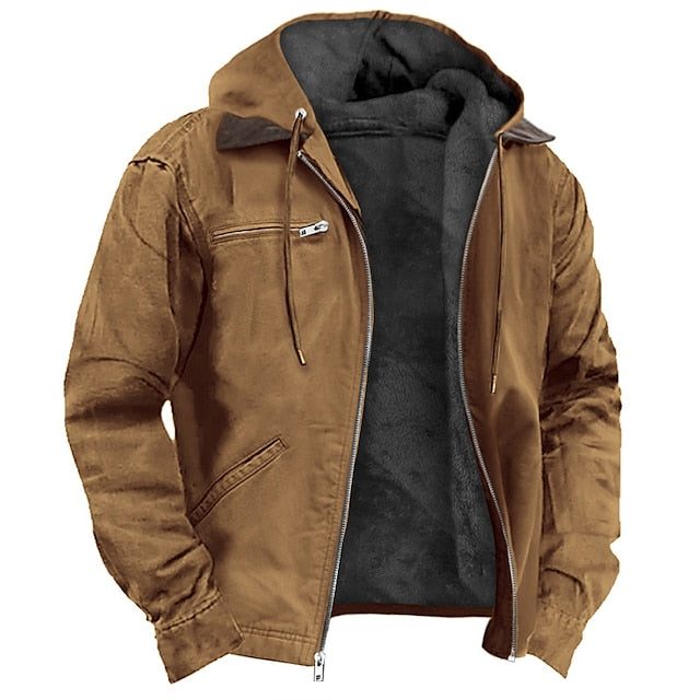 Men’s Suede Hooded Bomber Jacket – Fleece-Lined Zip-Up Jacket with Utility Pockets for Autumn and Winter Wear