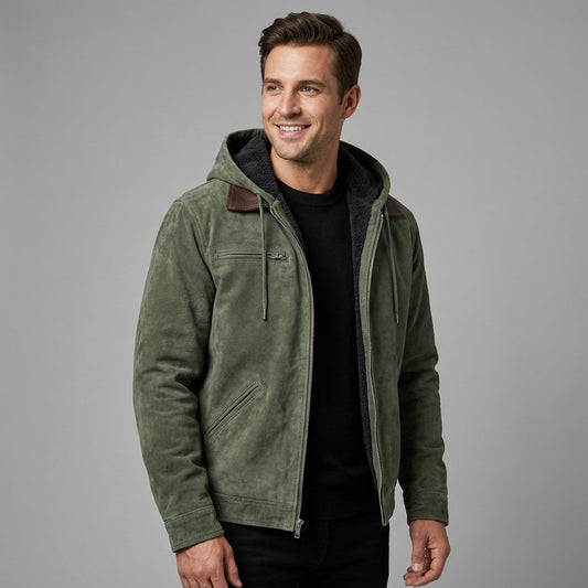 Men’s Suede Hooded Bomber Jacket – Fleece-Lined Zip-Up Jacket with Utility Pockets for Autumn and Winter Wear