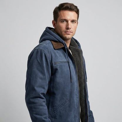 Men’s Suede Hooded Bomber Jacket – Fleece-Lined Zip-Up Jacket with Utility Pockets for Autumn and Winter Wear