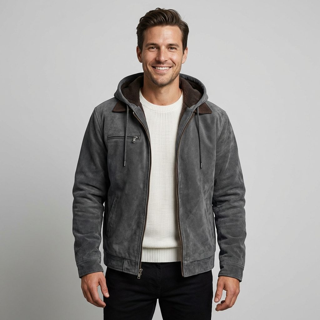 Men’s Suede Hooded Bomber Jacket – Fleece-Lined Zip-Up Jacket with Utility Pockets for Autumn and Winter Wear