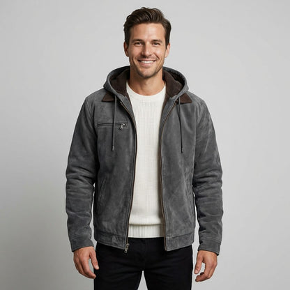 Men’s Suede Hooded Bomber Jacket – Fleece-Lined Zip-Up Jacket with Utility Pockets for Autumn and Winter Wear