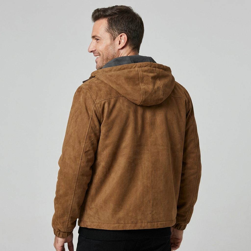 Men’s Suede Hooded Bomber Jacket – Fleece-Lined Zip-Up Jacket with Utility Pockets for Autumn and Winter Wear