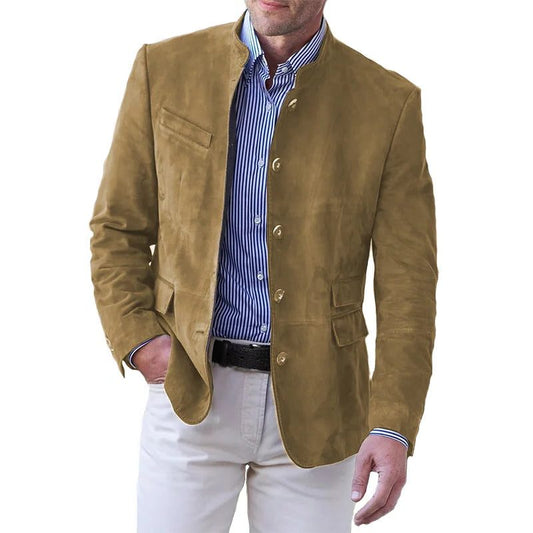Men’s Suede Stand-Collar Blazer – Button-Front Tailored Jacket with Utility Pockets for Smart Casual Wear