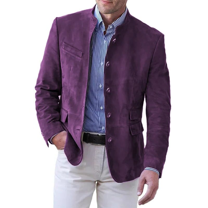 Men’s Suede Stand-Collar Blazer – Button-Front Tailored Jacket with Utility Pockets for Smart Casual Wear