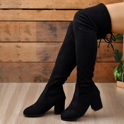 Women’s Suede Over-the-Knee Boots – Block-Heel Stretch Boots with Tie Detail for Autumn and Winter Wear