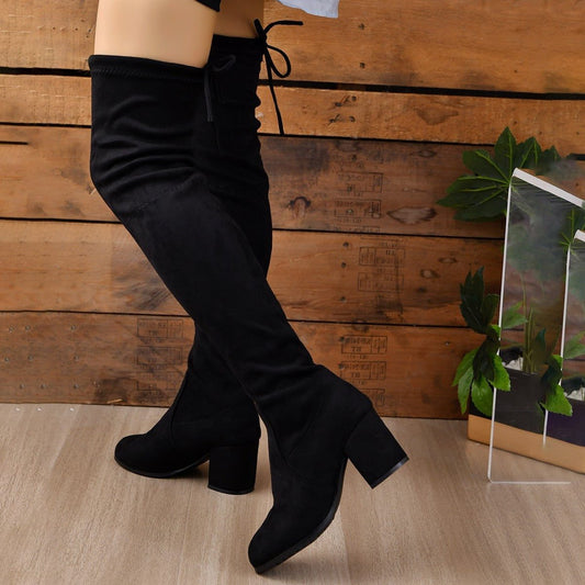Women’s Suede Over-the-Knee Boots – Block-Heel Stretch Boots with Tie Detail for Autumn and Winter Wear