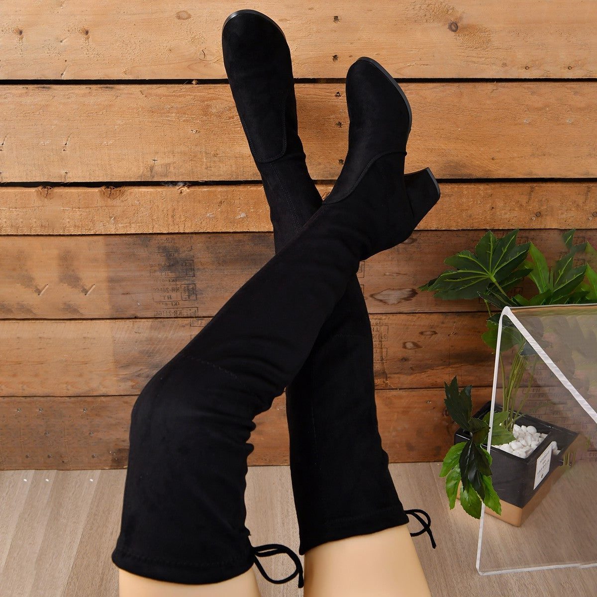 Women’s Suede Over-the-Knee Boots – Block-Heel Stretch Boots with Tie Detail for Autumn and Winter Wear
