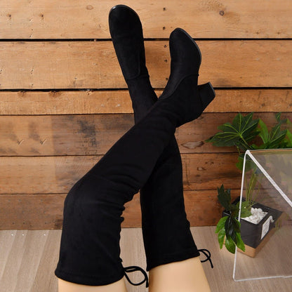 Women’s Suede Over-the-Knee Boots – Block-Heel Stretch Boots with Tie Detail for Autumn and Winter Wear