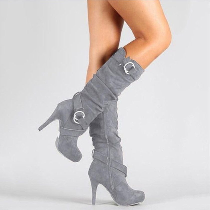 Women’s Suede Stiletto Boots – Buckled Knee-High Platform Boots with Slouchy Shaft for Evening Wear