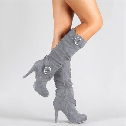 Women’s Suede Stiletto Boots – Buckled Knee-High Platform Boots with Slouchy Shaft for Evening Wear