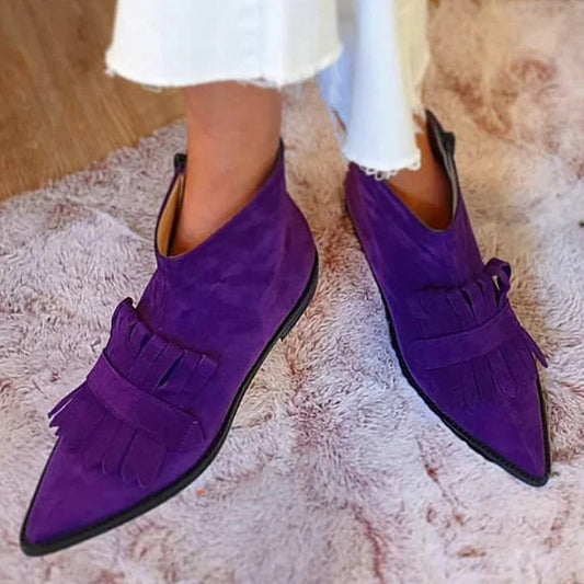Women’s Suede Fringe Ankle Boots – Pointed-Toe Western Boots with Layered Tassel Detail for Statement Wear