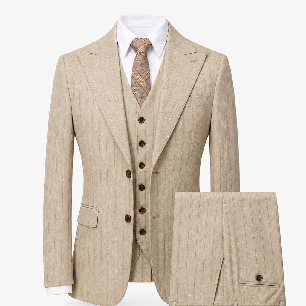 Men’s Pinstripe Three-Piece Suit – Tailored Wedding and Formal Occasion Style