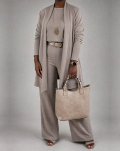 Women’s Three-Piece Knitted Set – Longline Cardigan, Top and Wide-Leg Trousers