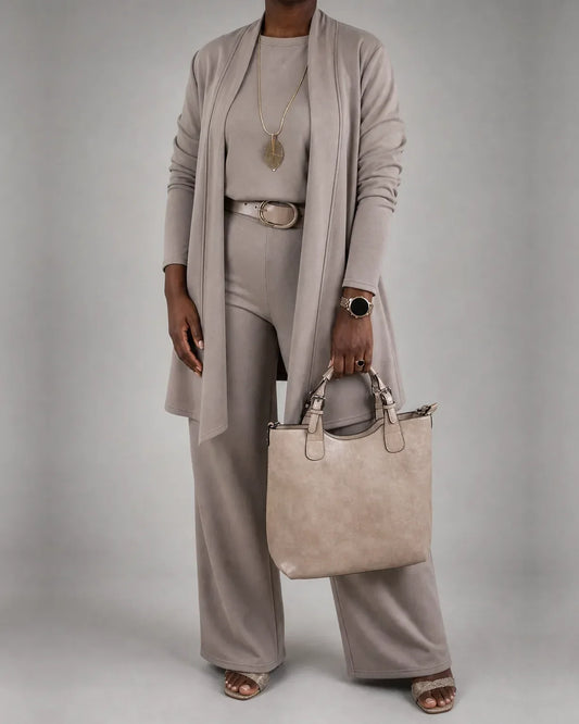 Women’s Three-Piece Knitted Set – Longline Cardigan, Top and Wide-Leg Trousers