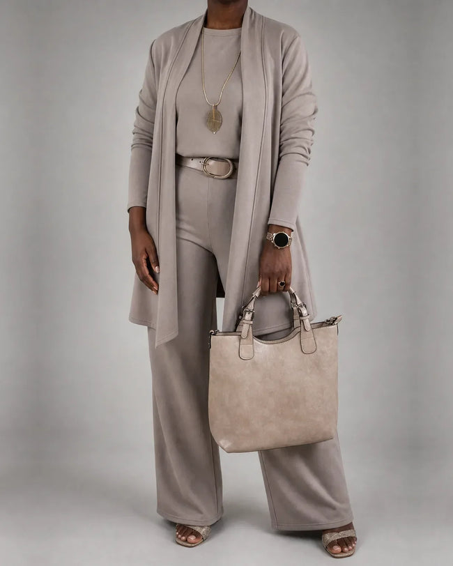 Women’s Three-Piece Knitted Set – Longline Cardigan, Top and Wide-Leg Trousers