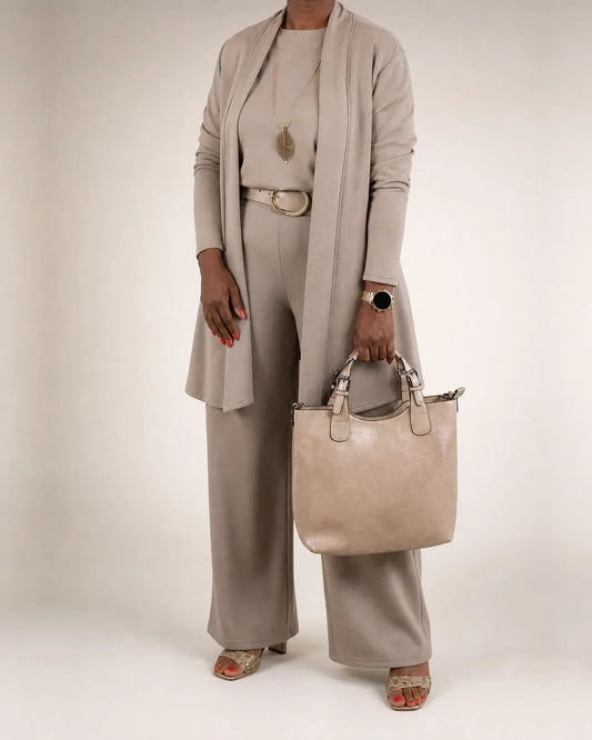 Women’s Three-Piece Knitted Set – Longline Cardigan, Top and Wide-Leg Trousers