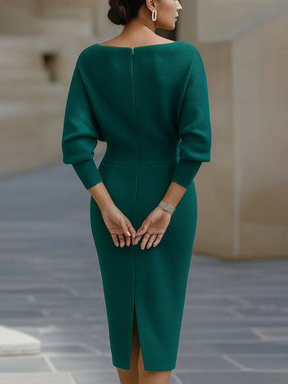 Women’s Cocktail Dress – Midi Dress with Cowl Neck and Ruched Waist