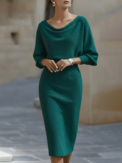 Women’s Cocktail Dress – Midi Dress with Cowl Neck and Ruched Waist