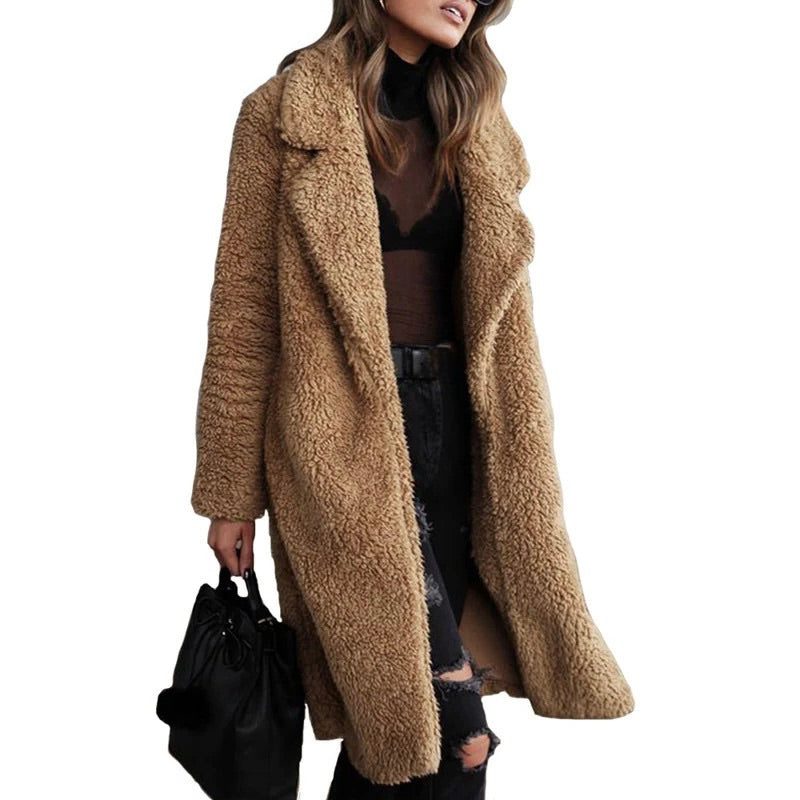 Women’s Longline Teddy Coat – Open-Front Sherpa Jacket with Relaxed Fit for Cold-Weather Layering
