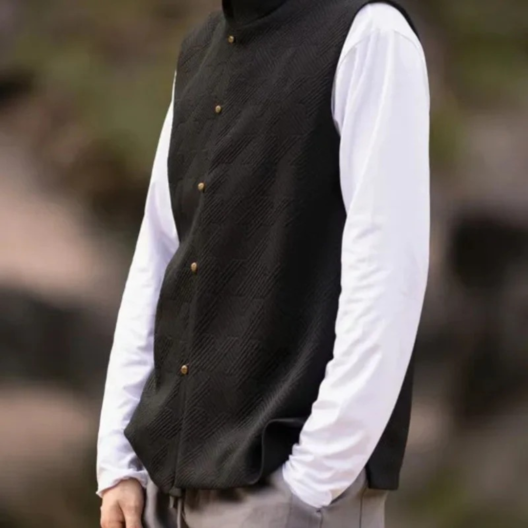 Men’s Textured Stand Collar Waistcoat – Refined Heritage Layer for Casual and Event Wear