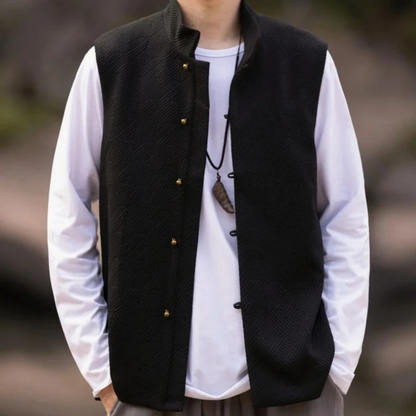 Men’s Textured Stand Collar Waistcoat – Refined Heritage Layer for Casual and Event Wear