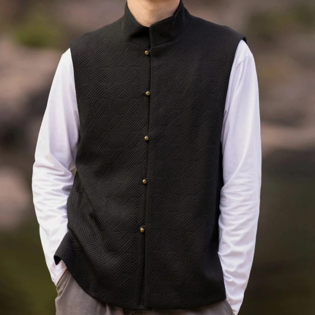 Men’s Textured Stand Collar Waistcoat – Refined Heritage Layer for Casual and Event Wear